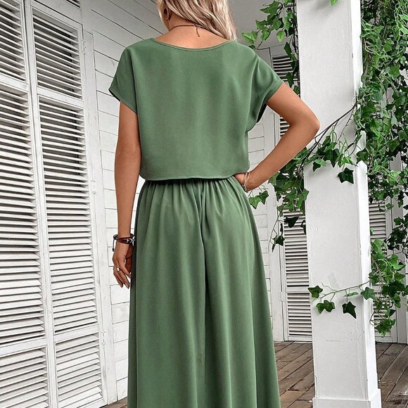 Green Boho Womens Women's Solid Color Loose Casual Two-Piece Set - Picture 5 of 6
